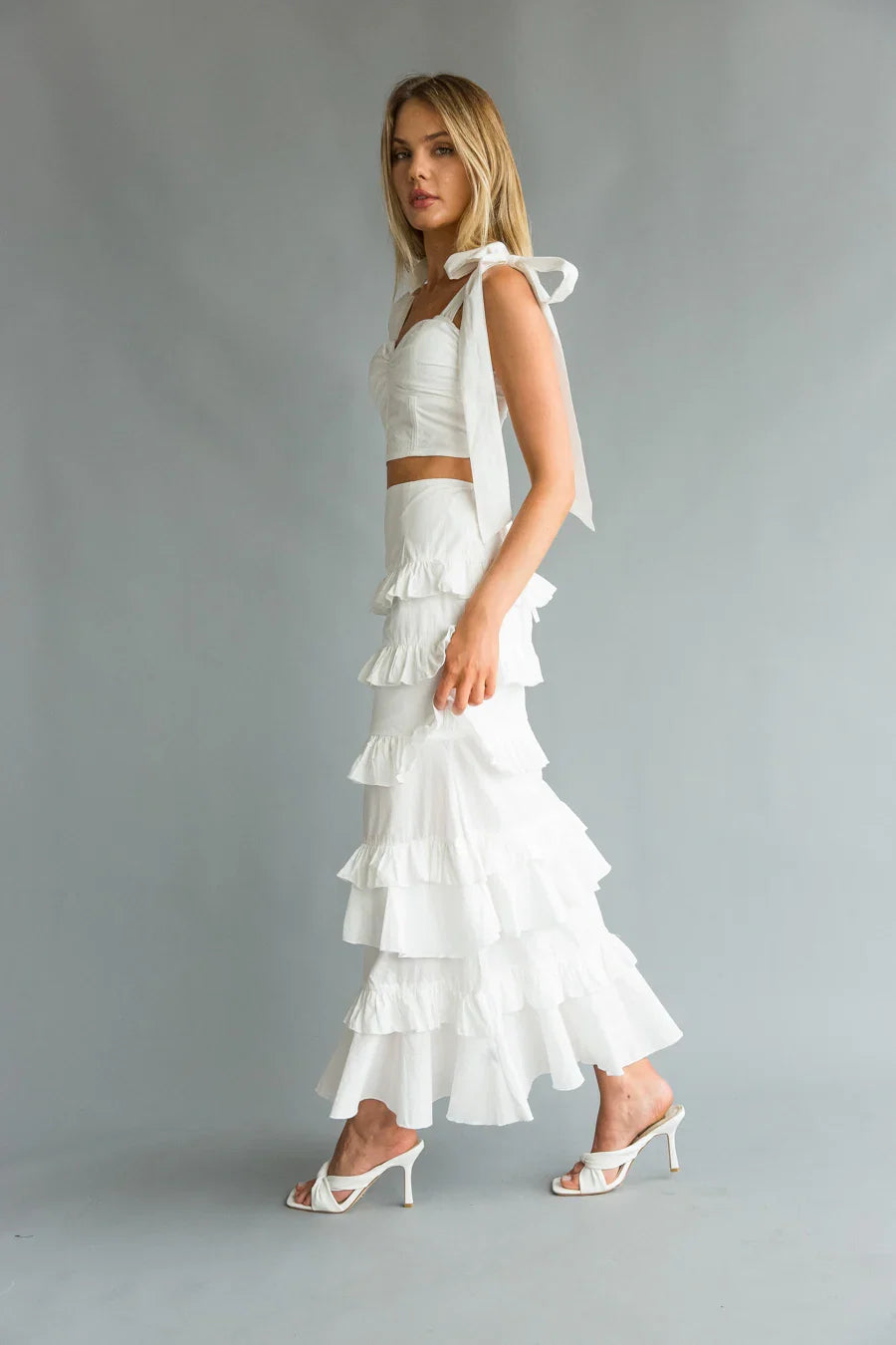 Dawn Bow Strap Bustier Top Tiered Ruffle Skirt Set
