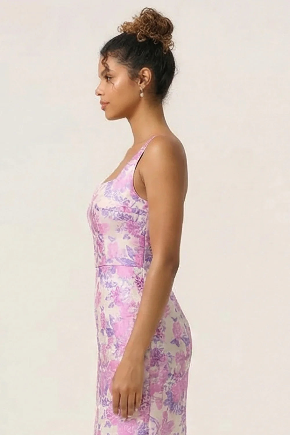 Lilac Flower Sheath Square Neck Ankle Length Wedding Guest Dress