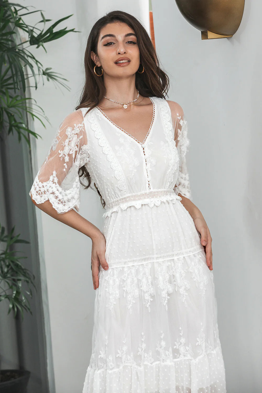 Simple White Lace Holiday Boho Beach Graduation Dress With Short Sleeves