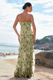 Green Large Sheath Spaghetti Straps Ruffle Floral Dress with Slit