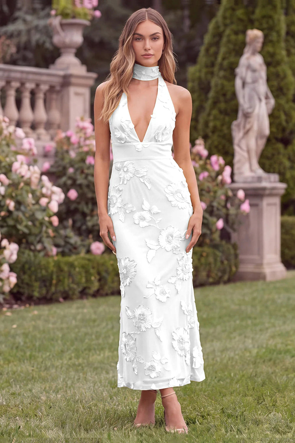 Halter Sage Mermaid Floral Wedding Guest Dress with Scarf