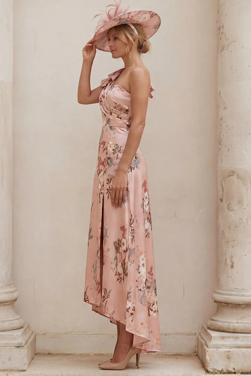 One Shoulder Dusty Rose Floral A Line Mother of the Bride Dress with Slit