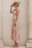 One Shoulder Dusty Rose Floral A Line Mother of the Bride Dress with Slit