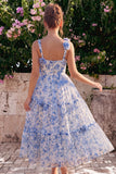 Blue Floral Square Neck A Line Midi Wedding Guest Dress with 3D Flowers