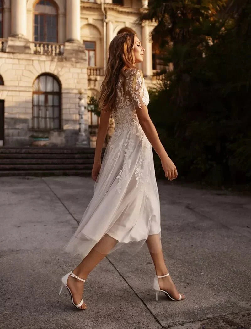 Tea Length Sleeves Ethereal Modern A Line V Neck Button Back Wedding Dress