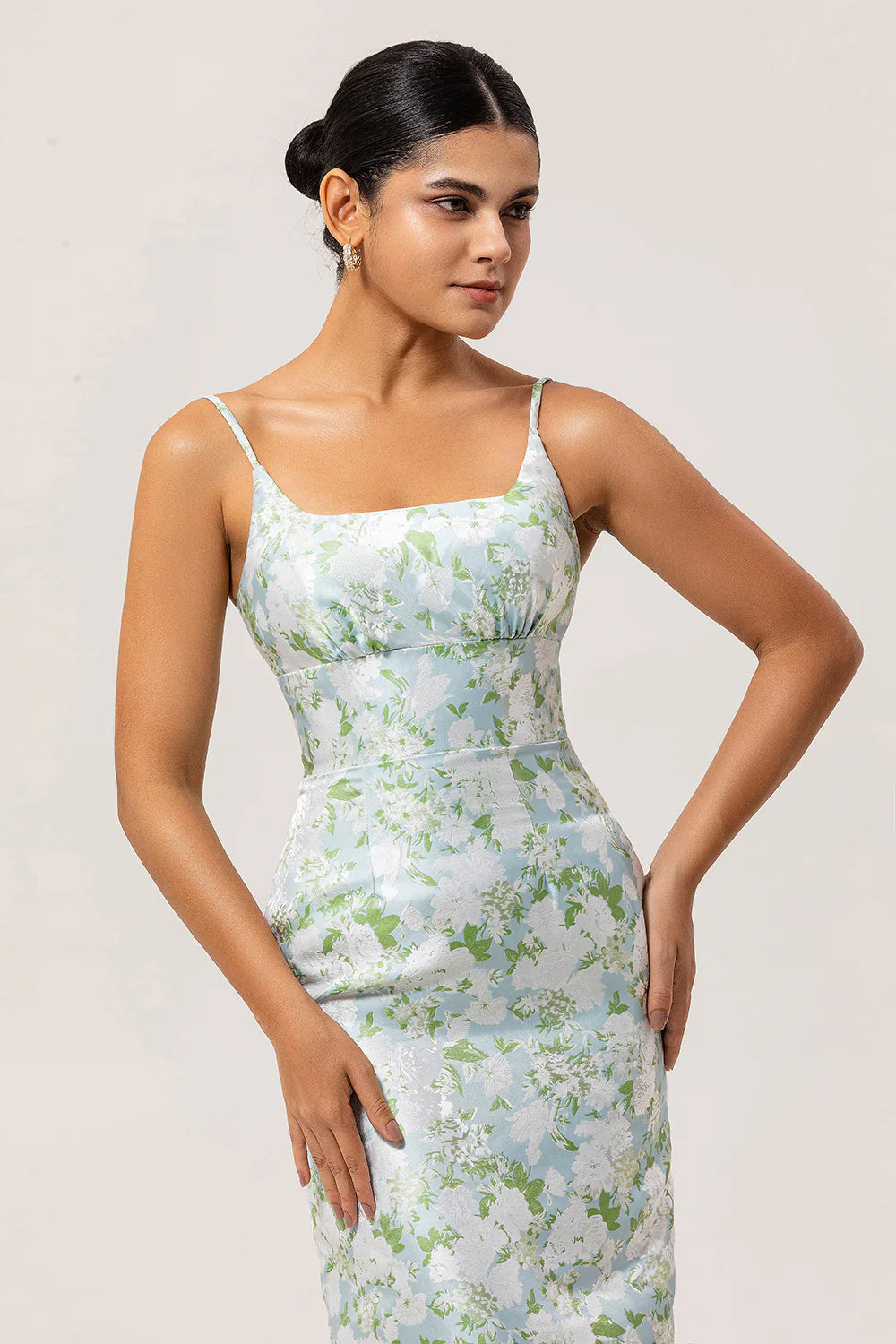 White Flower Sheath Spaghetti Straps Print Long Bridesmaid Dress with Back Slit