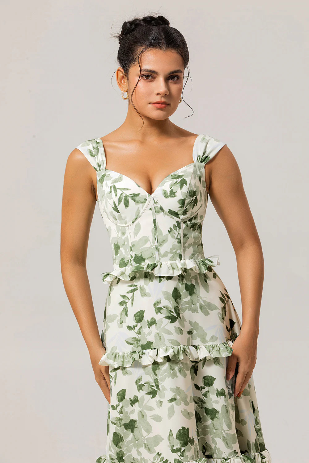 Green Flower A Line Corset Ruffle Long Bridesmaid Dress with Lace Up Back