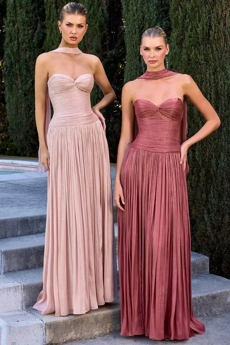 Linnea Gown Strapless Shimmer Chiffon Dress with Scarf