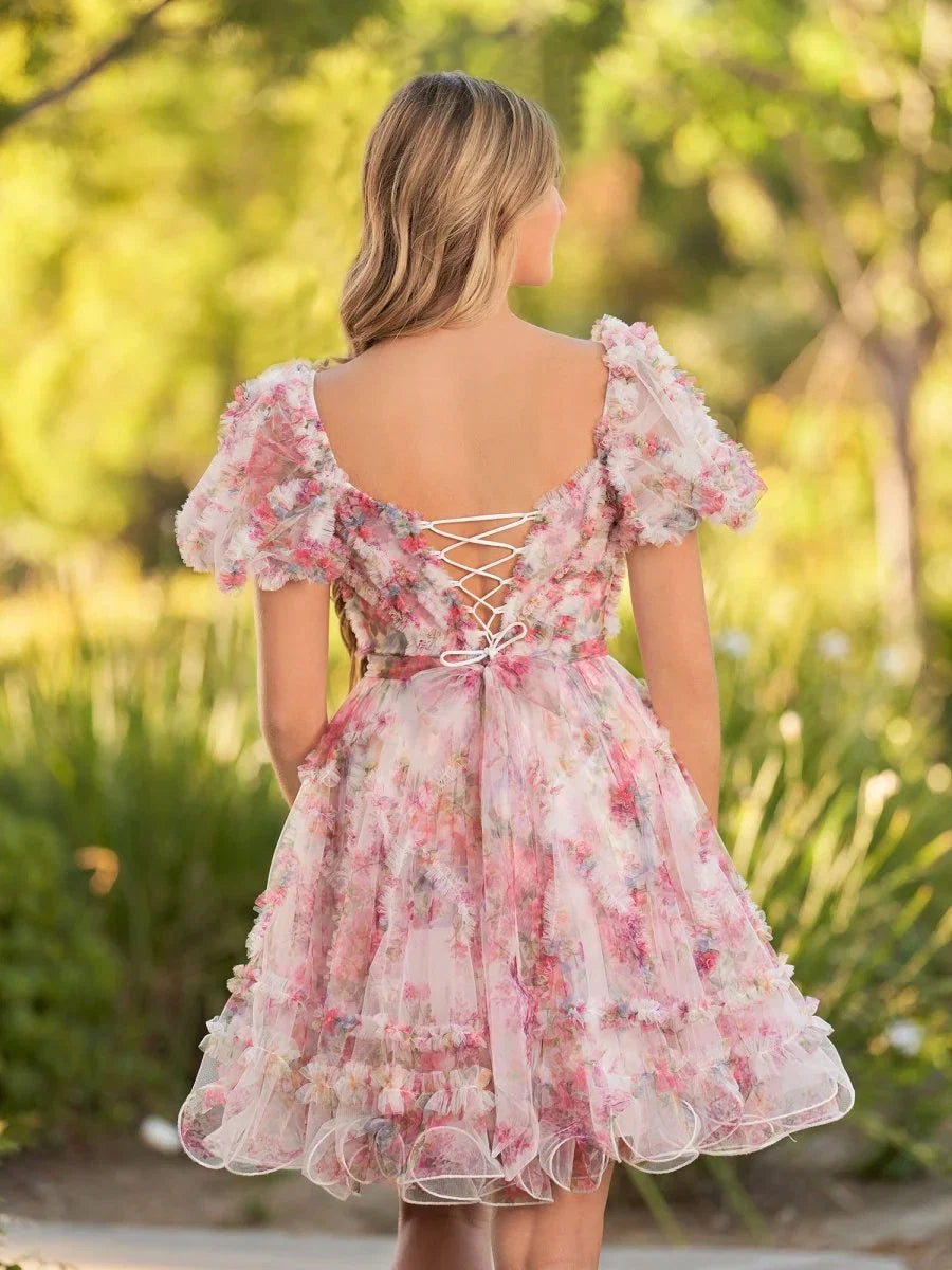 Ivana A Line Off the Shoulder Printed Tulle Short Homecoming Dress