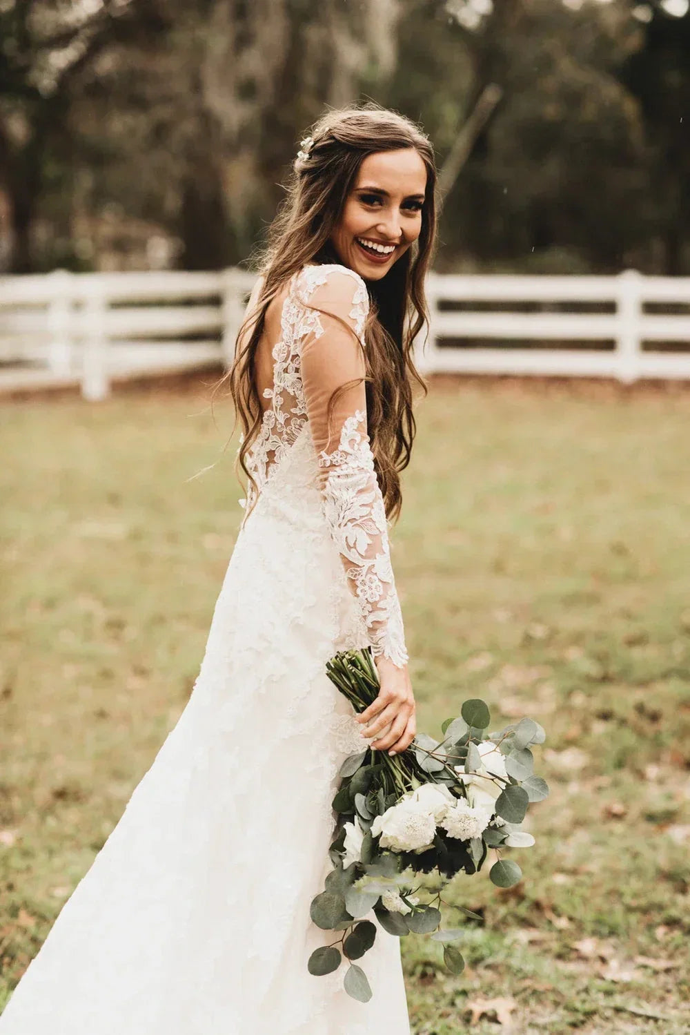 Brilliant Lace Bohemian Deep V Back Cathedral Train Wedding Dress