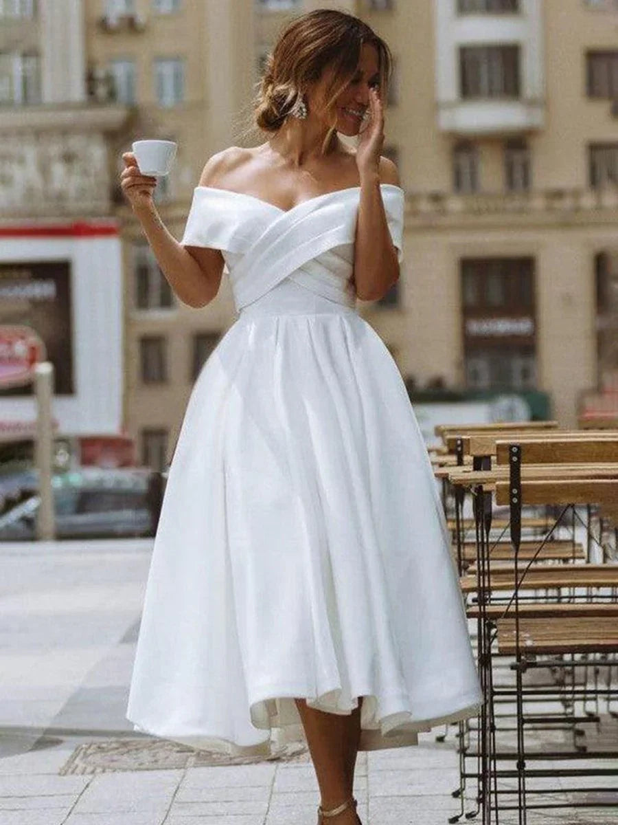 A Line Satin Tea Length White Off the Shoulder Wedding Dress