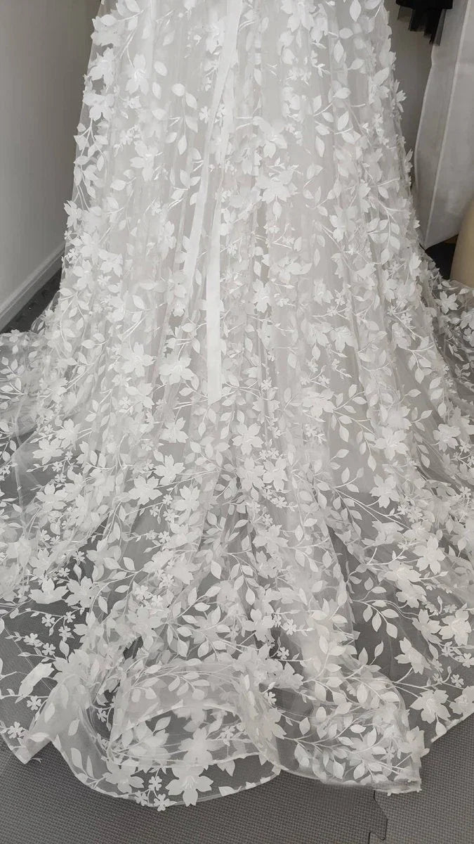 Sexy Floral A Line Boho Lace Sleeved Long Wedding Dress with Sweep Train