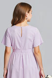 Purple Chiffon A Line V Neck Midi Junior Bridesmaid Dress