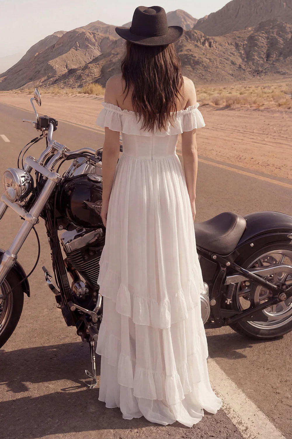 High Low Ivory Off the Shoulder Ruffled Wedding Dress