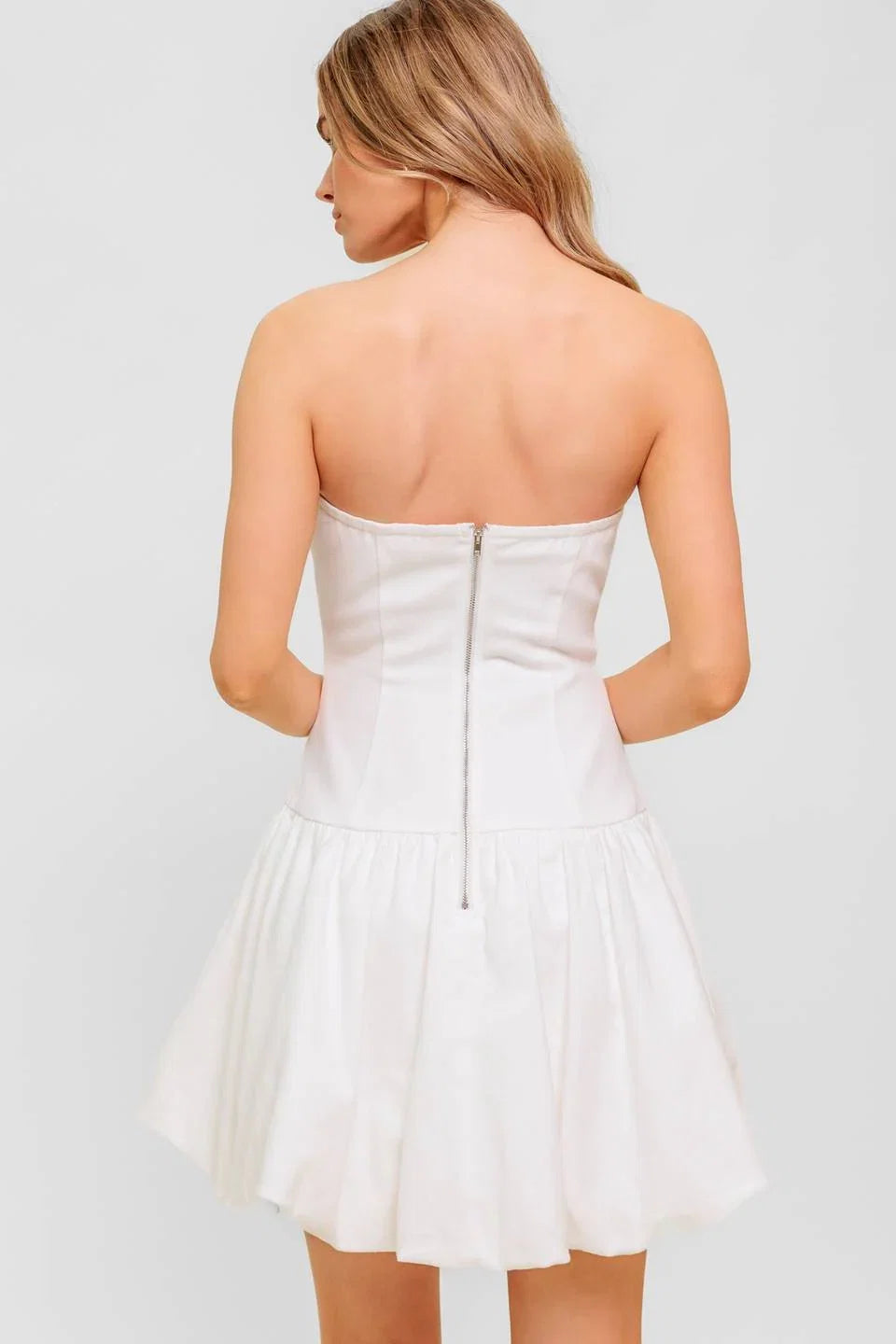 TWILIGHT WISH WHITE DENIM BUBBLE HEM MINI DRESS