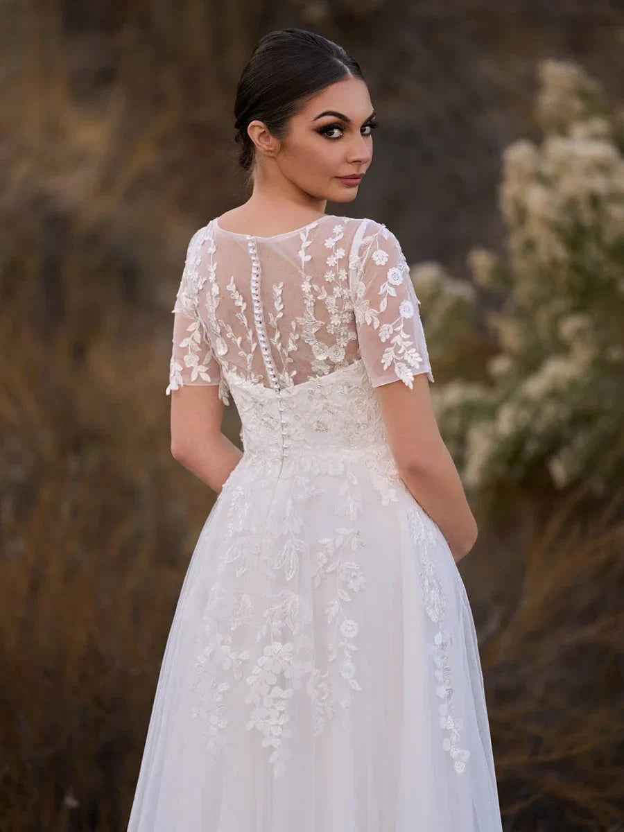 Tea Length Sleeves Ethereal Modern A Line V Neck Button Back Wedding Dress