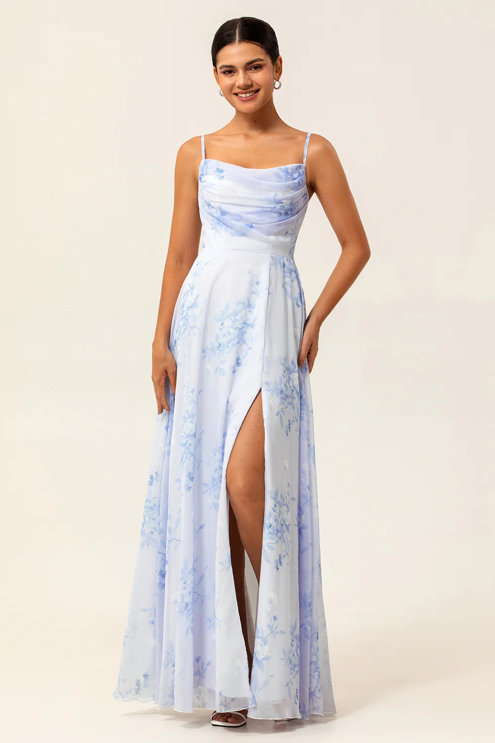 Blue A Line Spaghetti Straps Print Floral Chiffon Maxi Bridesmaid Dress with Slit