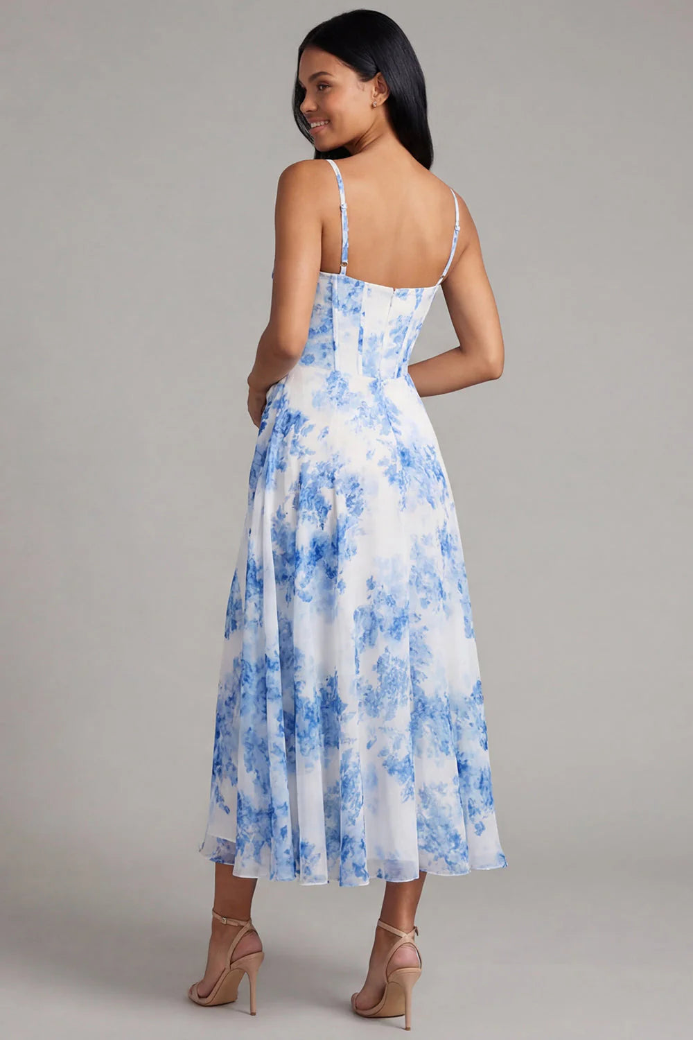 Floral Blue Corset Ruched A Line Midi Wedding Guest Dress with Slit