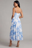 Floral Blue Corset Ruched A Line Midi Wedding Guest Dress with Slit