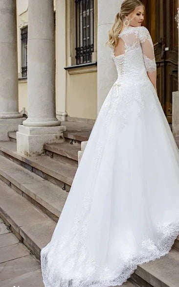 Simple Ball Gown Floor length Half Sleeve Lace Queen Anne Wedding Dress with Appliques