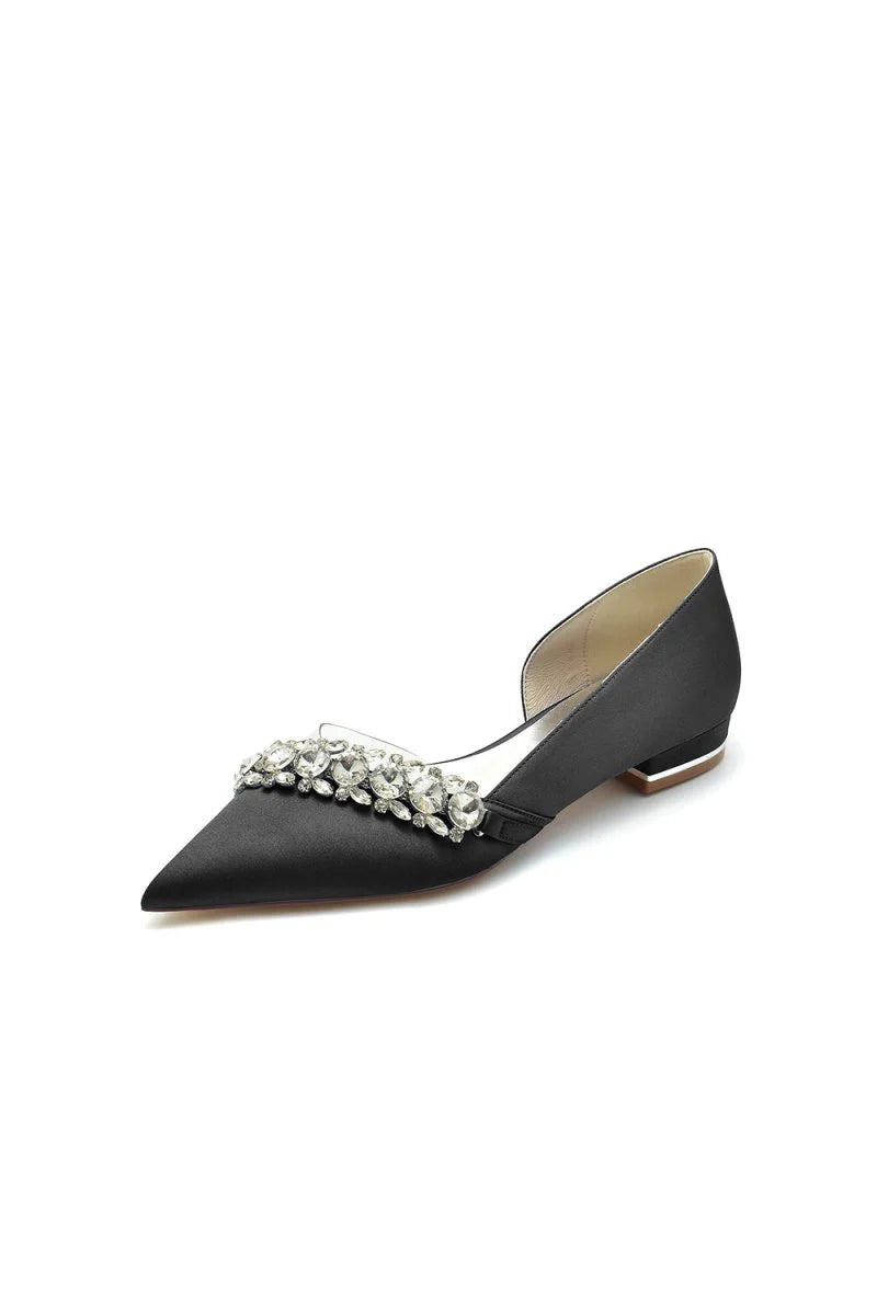 Pointed Toe Slip on Satin Low Heels With Rhinestone