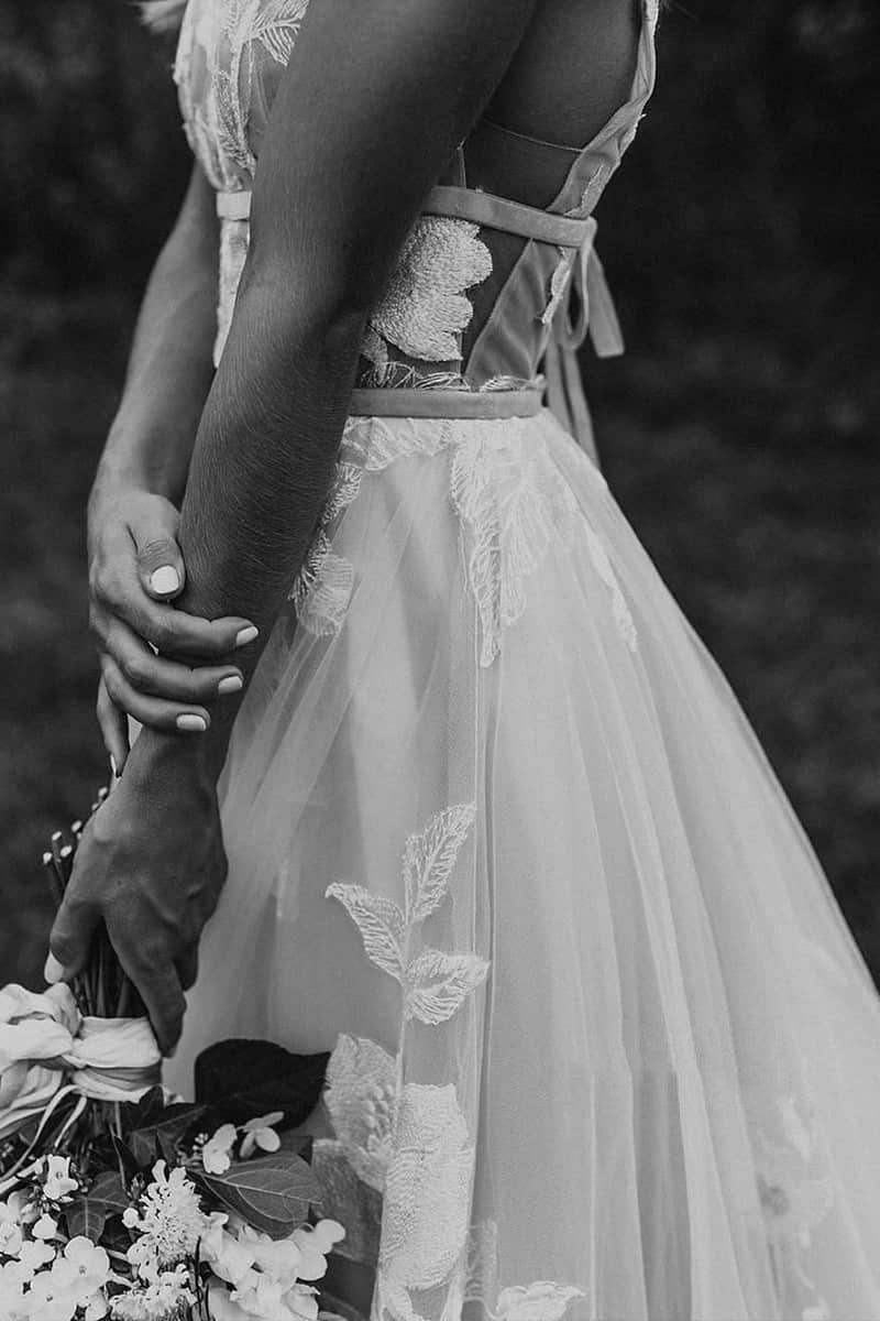 Marvelous V neck A Line Wedding Dress Tulle Appliques Rustic Wedding Dress