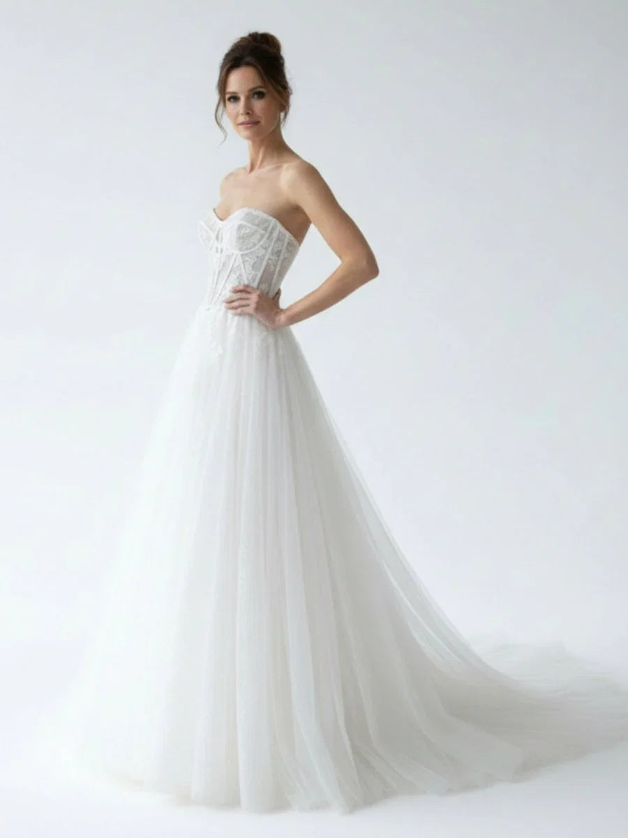 Charming A Line Strapless Tulle Lace Wedding Dresses