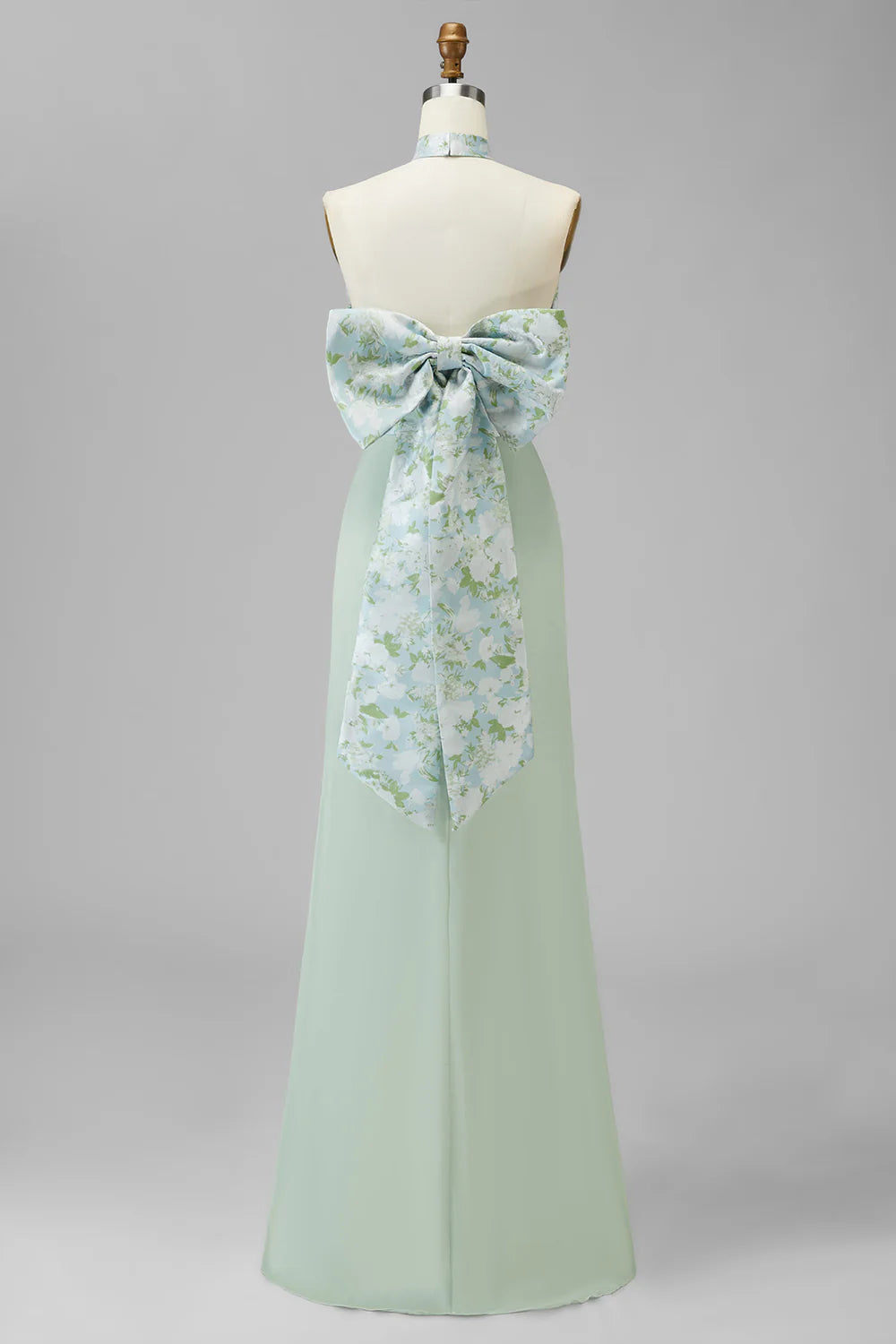 Green Printed Mermaid Halter Satin Bridesmaid Dress with Bow