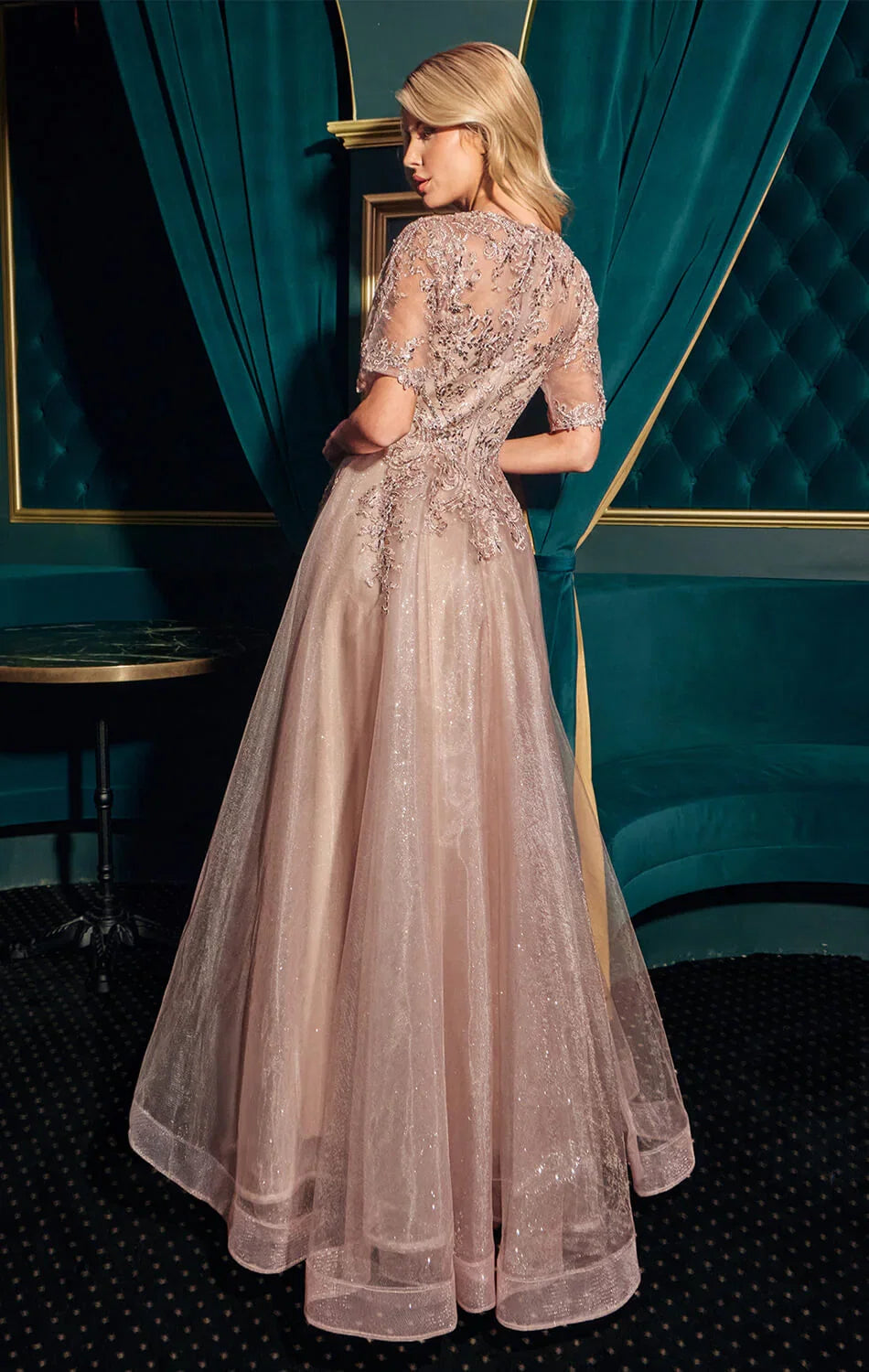 CLAUDIA GOWN SHORT SLEEVE A LINE GLITTER TULLE DRESS