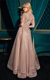 CLAUDIA GOWN SHORT SLEEVE A LINE GLITTER TULLE DRESS