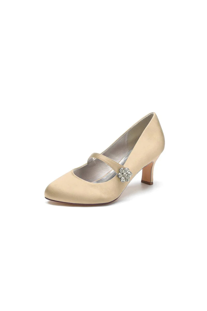 Round Toe Crystal Buckle Strap Chunky Heels