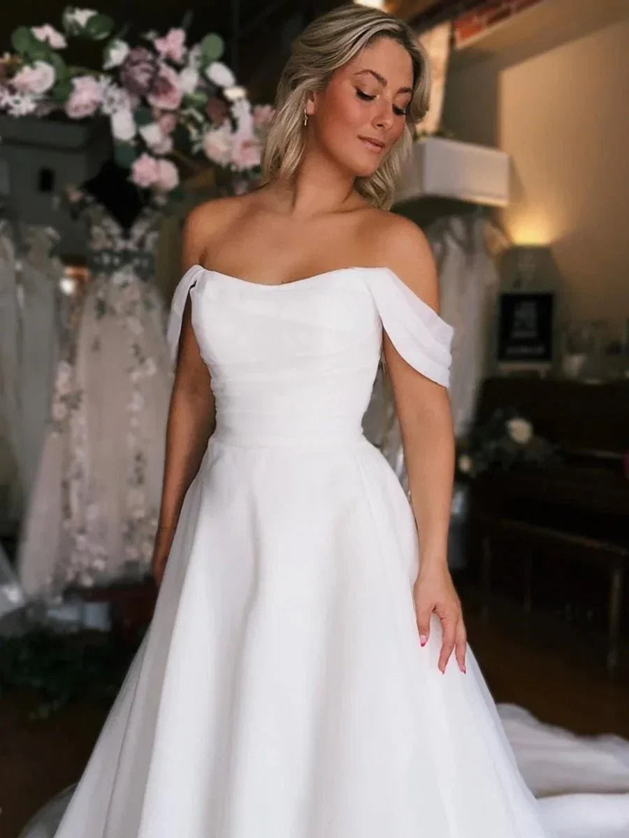 Elegant White Off the Shoulder Long Wedding Dress with Slit