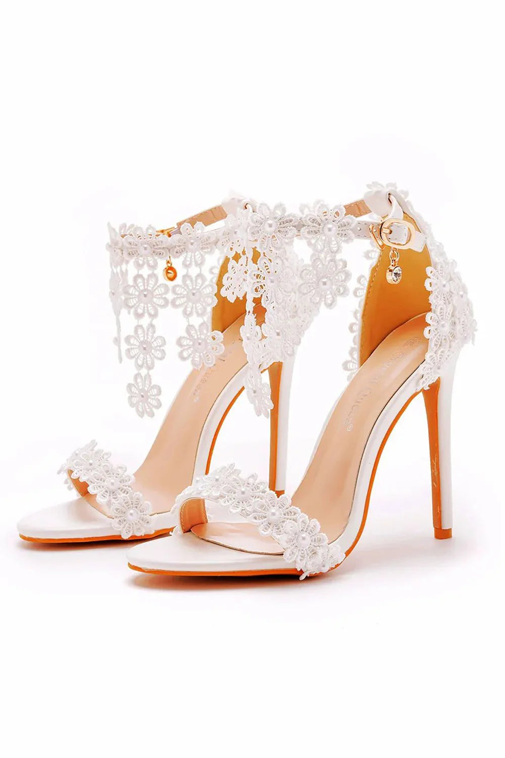 White Floral Lace High Heel Ankle Strap Wedding Sandals