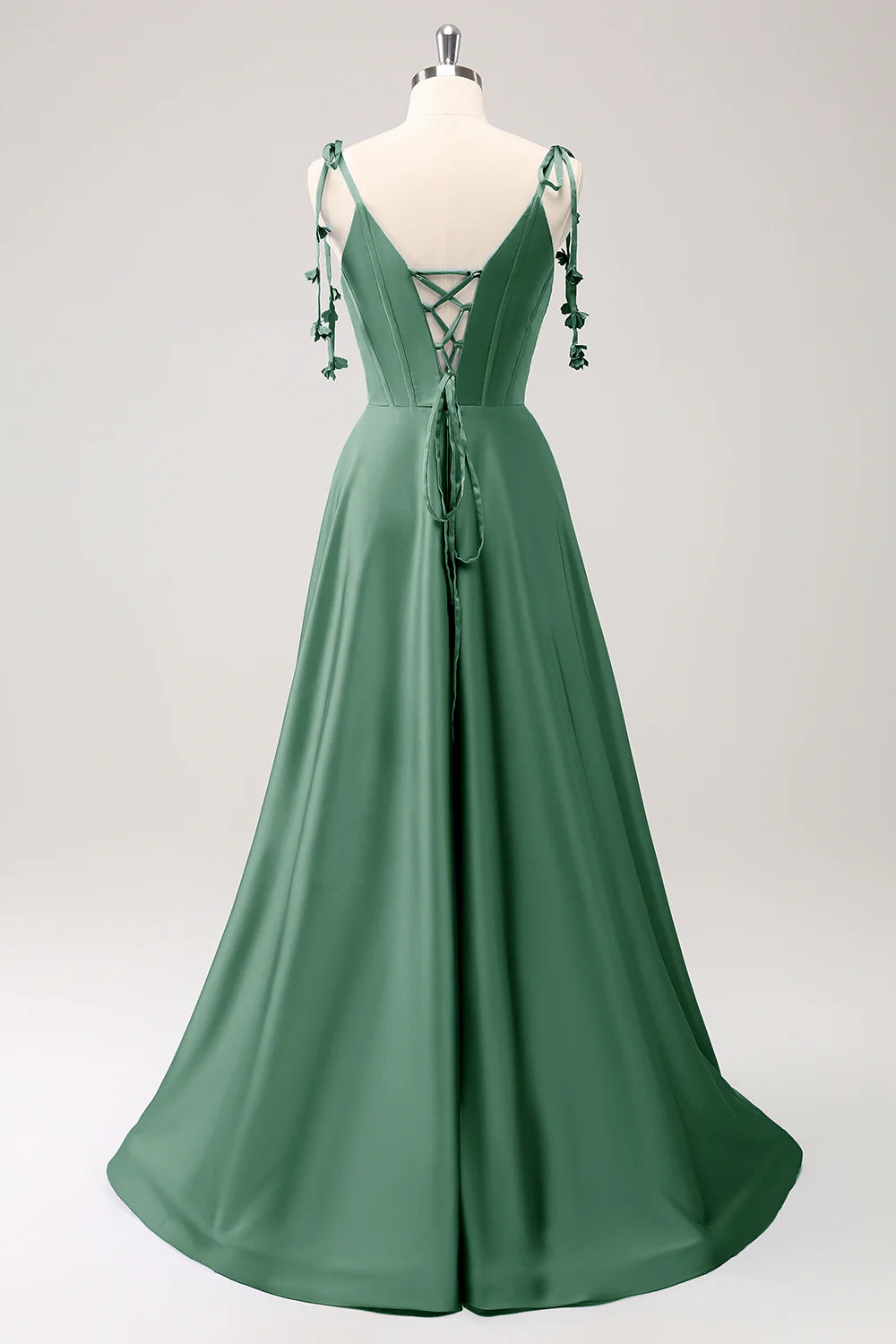 Dark Green A Line Spaghetti Straps Lace Up Back Long Bridesmaid Dress with Slit