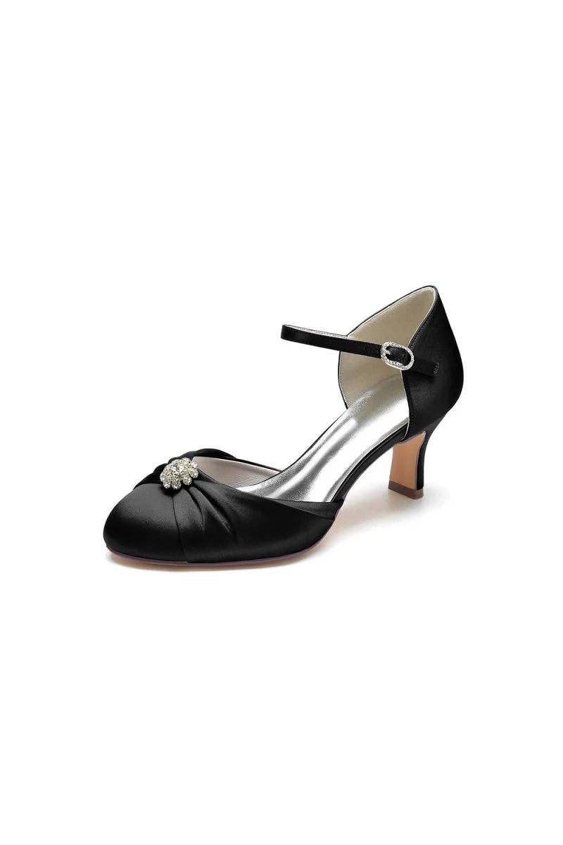 Satin Pointed Toe Strap Buckle Stiletto Heels With Rhinestone