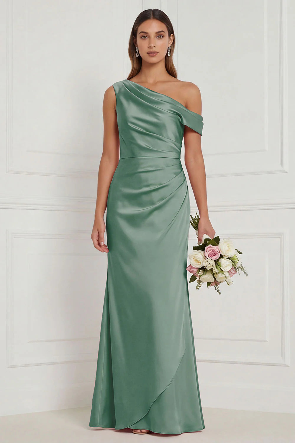 Burnt Orange Asymmetrical Neck Mermaid Ruched Satin Bridesmaid Dress