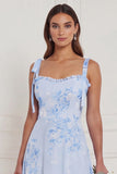 Blue Floral A Line Square Neck Long Bridesmaid Dress