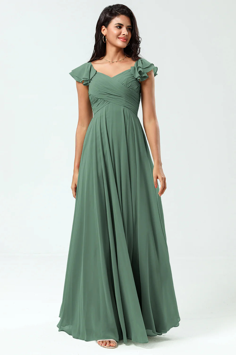 Lace Up Back Cross A Line Chiffon Bridesmaid Dress with Ruffles