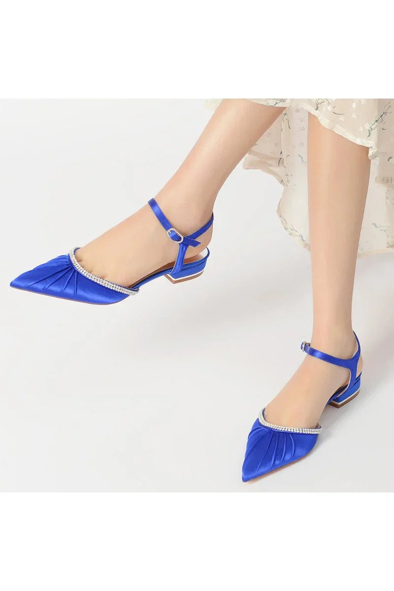 Satin Pointed Toe Beaded Buckle Kitten Heels