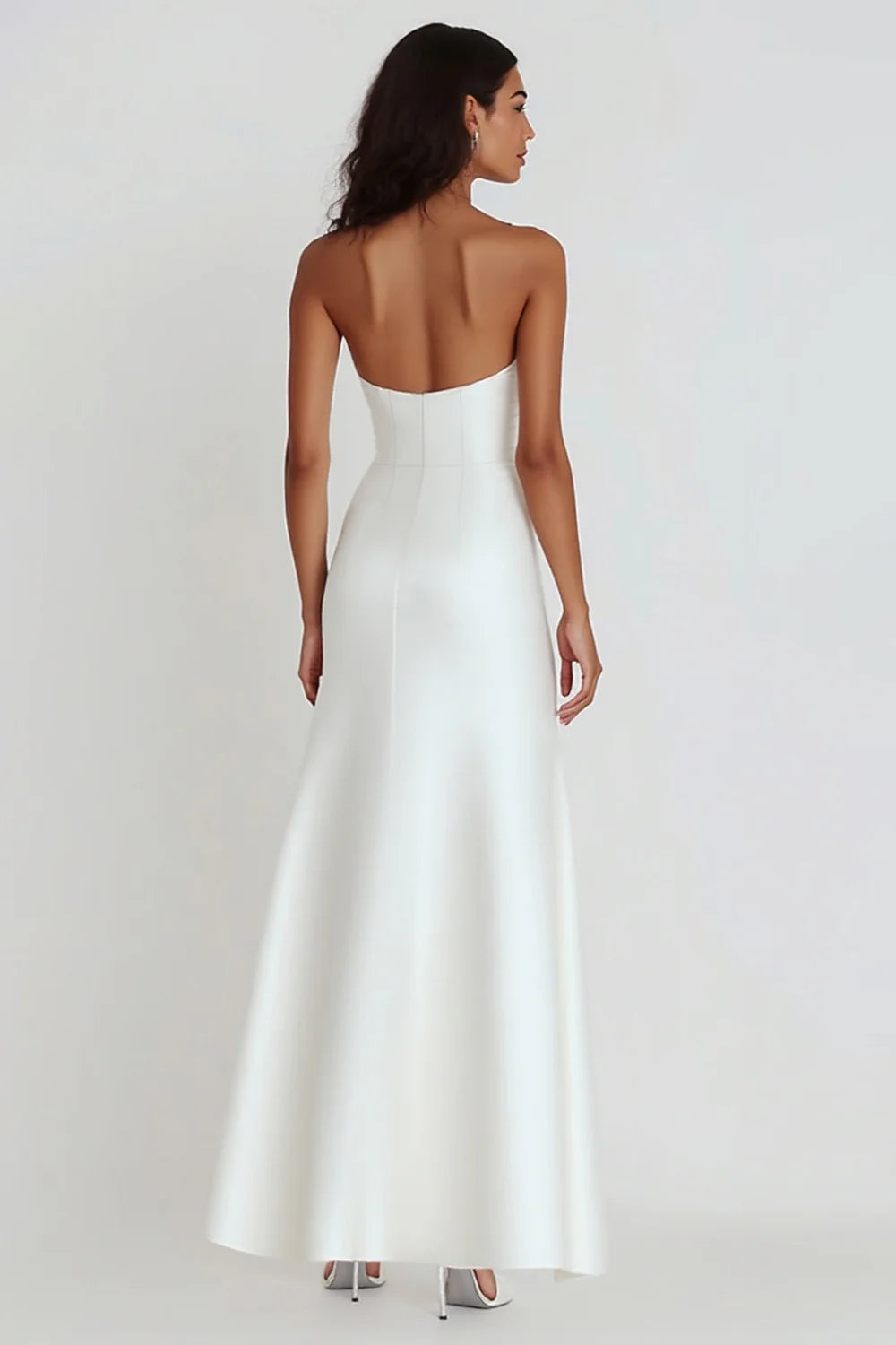 Simple White Sheath Strapless Satin Asymmetrical Graduation Dress with Ruffles