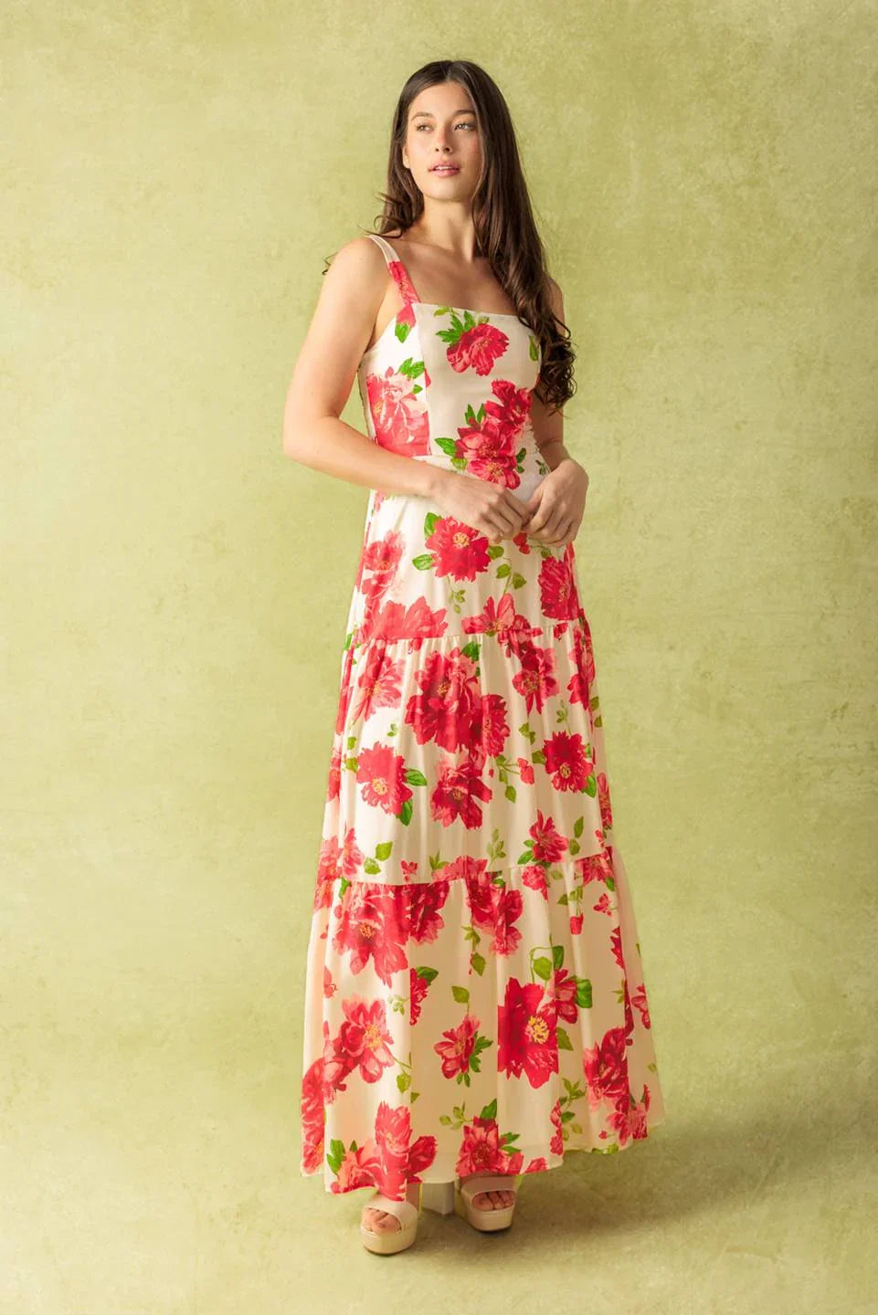 CRIMSON BLOOMS RED FLORAL MAXI DRESS