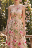 One Shoulder A Line Blush Floral Wedding Guest Dress
