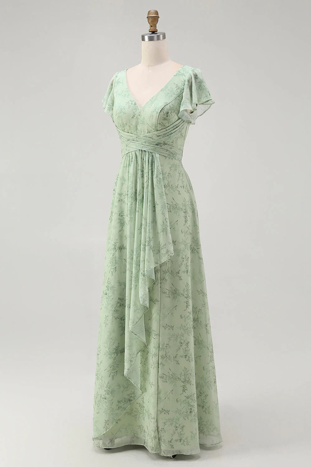 Dusty Sage A Line Chiffon Flutter Sleeves Print Floral Bridesmaid Dress with Slit