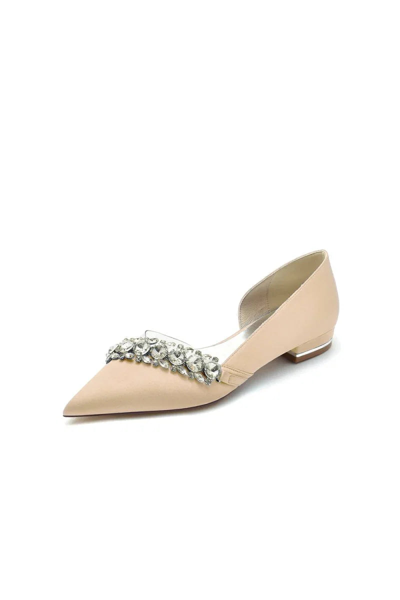 Pointed Toe Slip on Satin Low Heels With Rhinestone