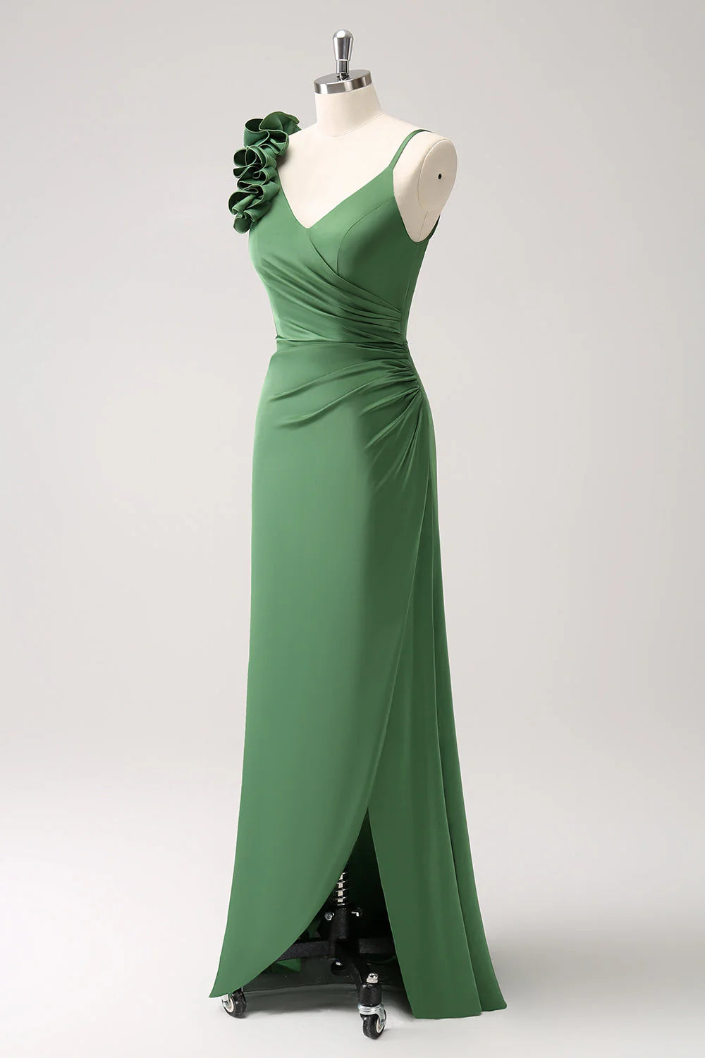 Olive Green Sheath Spaghetti Straps Pleated Satin Long Bridesmaid Dress with Slit
