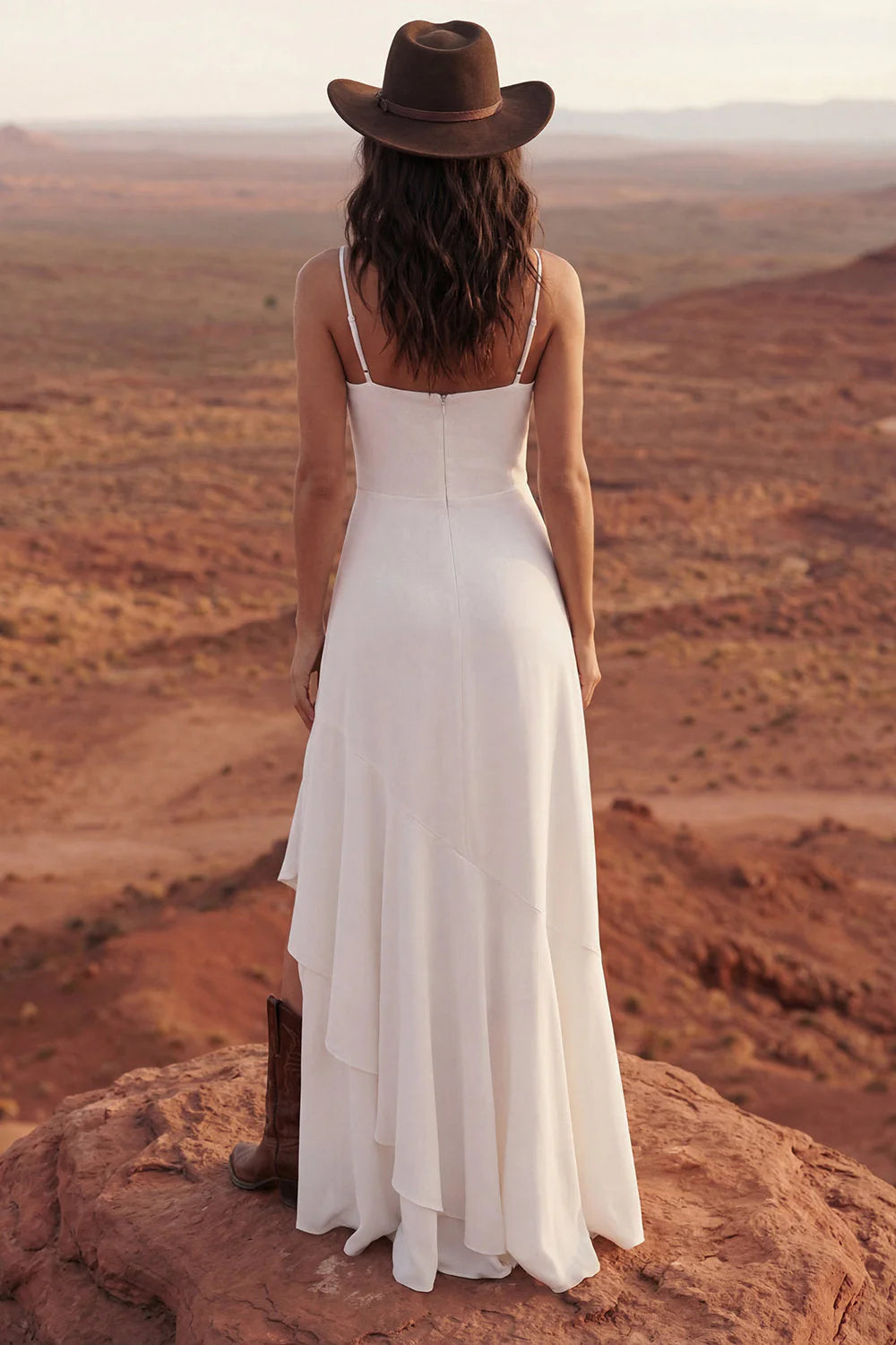 Ivory Ruffled A Line Simple Wedding Dress with Slit