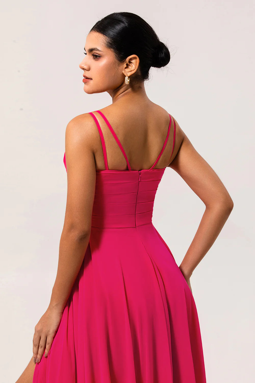 Hot Pink A Line Cowl Neck Chiffon Long Bridesmaid Dress with Slit