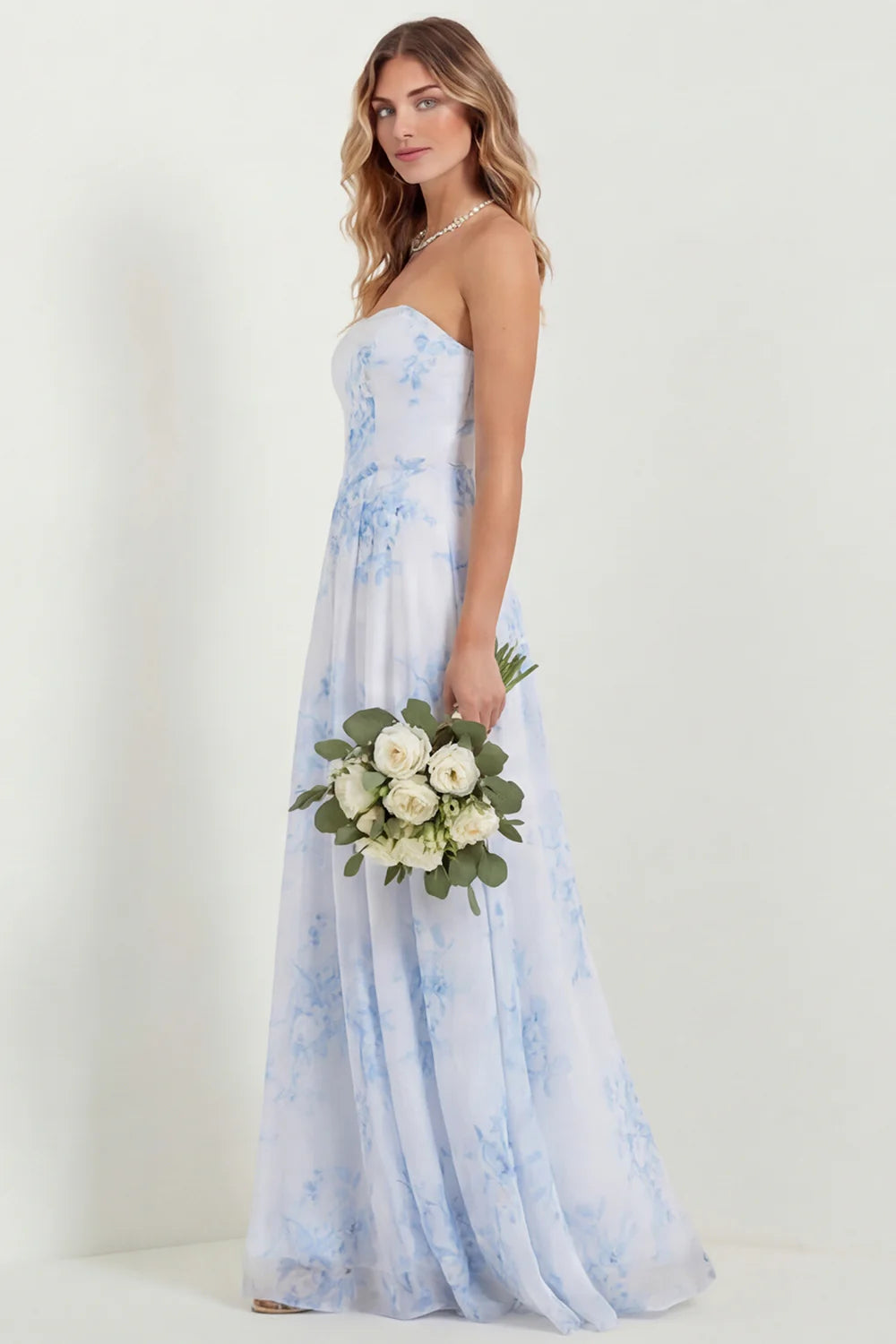 Green Flower A Line Strapless Long Bridesmaid Dress