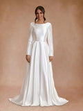 Vintage Satin A Line Bateau Neckline Long Sleeves Bridal Gown Wedding Dresses