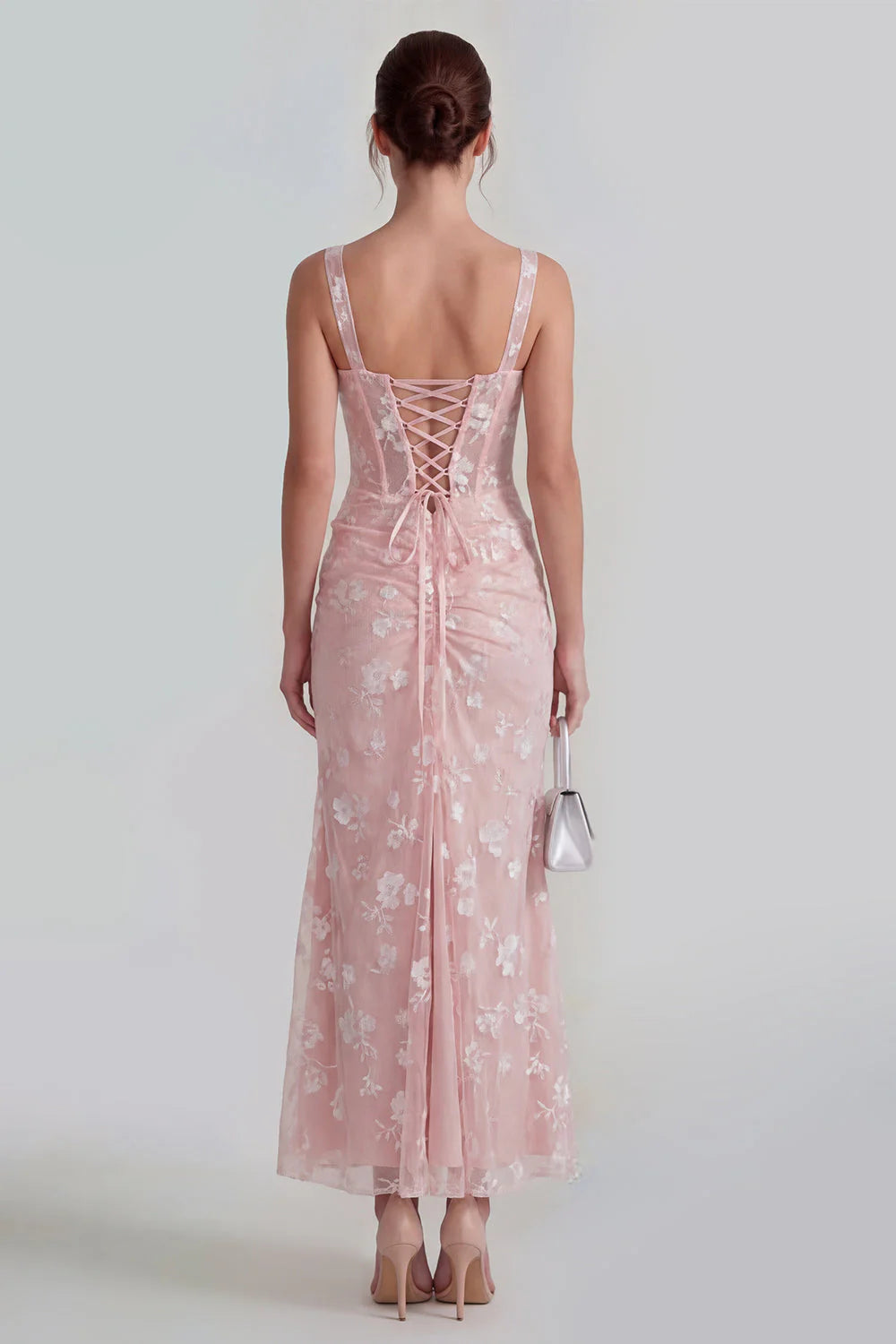 Floral Pink Ruched Mermaid Corset Wedding Guest Dress